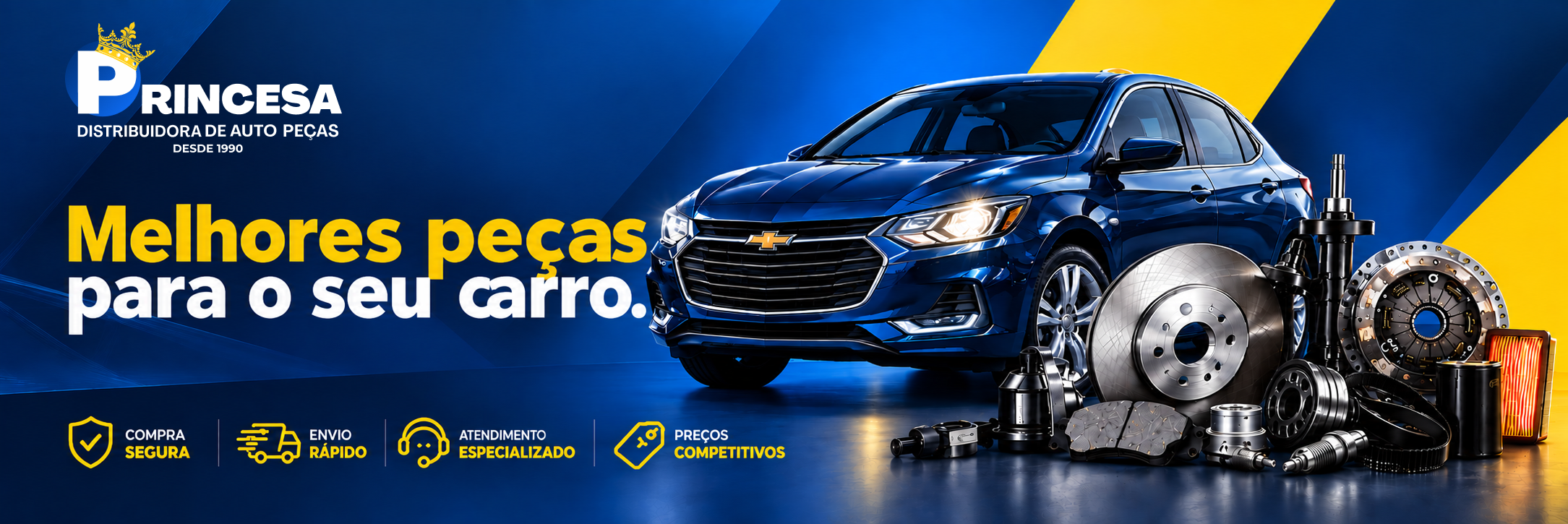 Banner promocional da Princesa Auto Peças com benefícios de compra segura, envio rápido, atendimento especializado e preços competitivos.